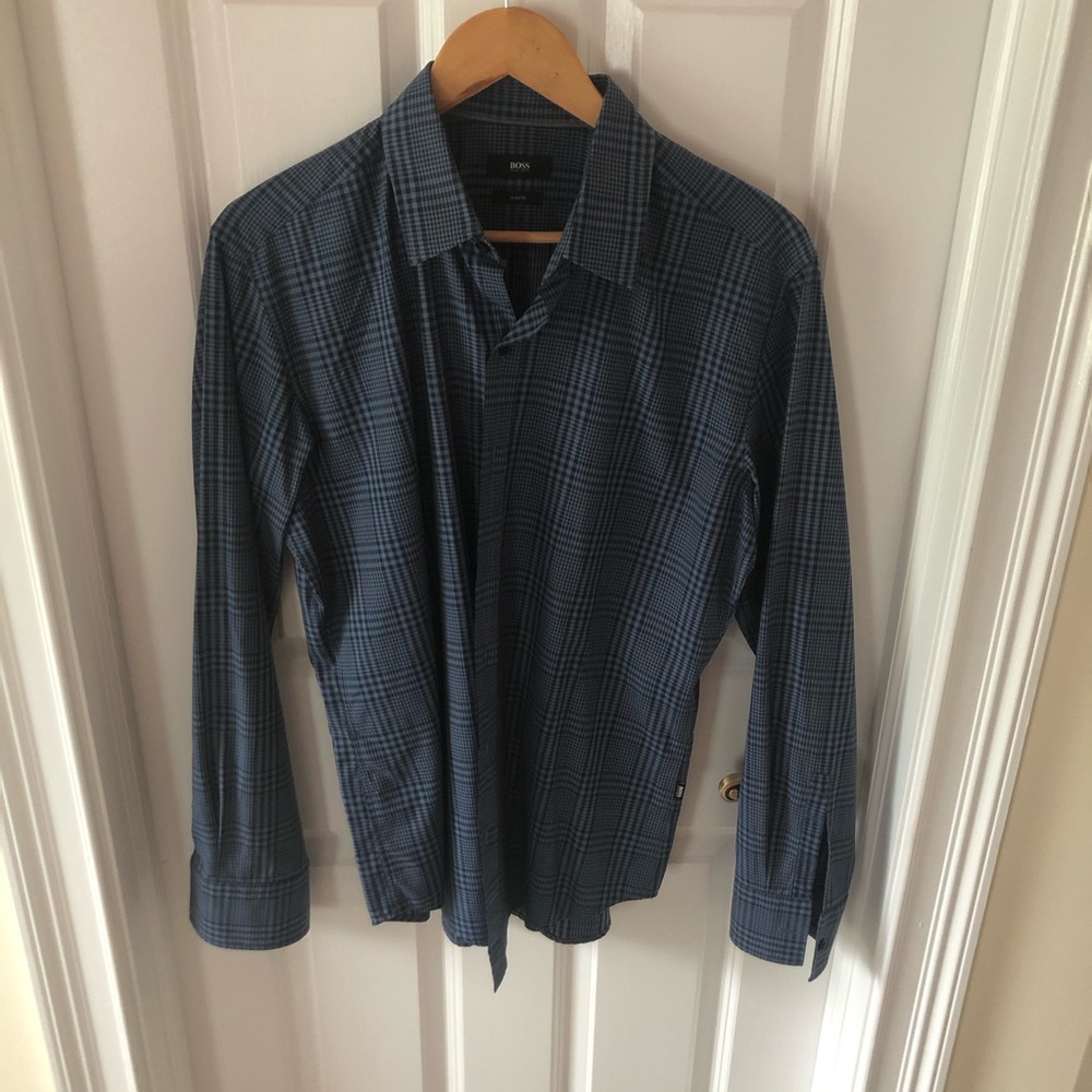 Hugo Boss Slim Fit Blue Plaid Dress Shirt Men’s L
